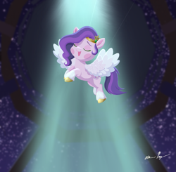 Size: 1511x1481 | Tagged: safe, artist:allisonpopick, imported from derpibooru, pipp petals, pegasus, pony, a phony pony full of baloney, adorapipp, chibi, colored hooves, crown, cute, female, g5, g5 pegasi can't fly, glowin' up, gold hooves, hooves, jewelry, my little pony: a new generation, regalia, scene interpretation, singing, solo, spotlight, stars, strings, unshorn fetlocks, when you see it, wires