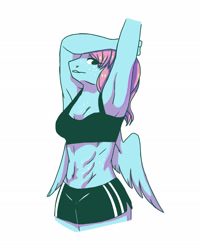 Size: 2204x2755 | Tagged: safe, artist:livzkat, imported from derpibooru, oc, oc only, oc:dipper, anthro, pegasus, clothes, female, high res, muscles, shorts, simple background, solo, sports bra, sports shorts, stretch, sweat, white background