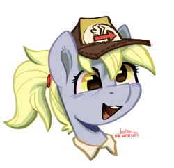 Size: 1939x1874 | Tagged: safe, artist:kotya, imported from derpibooru, derpy hooves, pony, arrow, bust, cap, female, hat, open mouth, ponytail, portrait, simple background, smiling, solo, white background
