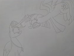 Size: 2592x1944 | Tagged: safe, artist:princebluemoon3, imported from derpibooru, rainbow dash, twilight sparkle, alicorn, pegasus, pony, 2 4 6 greaaat, angry, coach rainbow dash, glaring daggers, hat, nervous, sketch, this will not end well, traditional art, twilight sparkle (alicorn), whistle