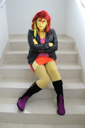 Size: 1024x1537 | Tagged: safe, artist:robinyume, imported from derpibooru, sunset shimmer, human, equestria girls, clothes, cosplay, costume, crossed arms, face paint, female, irl, irl human, jacket, leather jacket, photo, solo, stairs