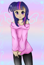 Size: 1700x2500 | Tagged: safe, artist:markianatc, imported from derpibooru, twilight sparkle, human, bare shoulders, blushing, clothes, female, humanized, solo