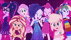 Size: 1136x640 | Tagged: safe, imported from derpibooru, screencap, applejack, fluttershy, pinkie pie, rainbow dash, rarity, sci-twi, sunset shimmer, twilight sparkle, equestria girls, equestria girls series, i'm on a yacht, spoiler:eqg series (season 2), female, humane five, humane seven, humane six, lidded eyes, looking at you, neon eg logo, pose, sleeveless