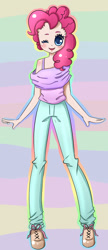 Size: 846x1961 | Tagged: safe, artist:markianatc, imported from derpibooru, pinkie pie, human, bare shoulders, blushing, clothes, female, humanized, jeans, one eye closed, pants, smiling, solo, wink