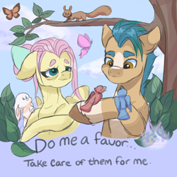 Size: 4000x4000 | Tagged: safe, artist:skyboundsiren, imported from derpibooru, fluttershy, hitch trailblazer, bird, butterfly, earth pony, pegasus, pony, rabbit, squirrel, absurd resolution, animal, critter magnet, elderly, feels, female, floppy ears, g4, g5, male, mare, my little pony: a new generation, older, older fluttershy, passing the torch, stallion, the new fluttershy