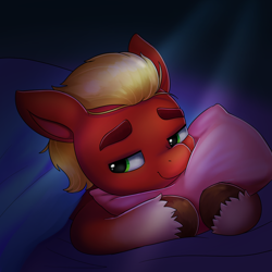 Size: 2168x2168 | Tagged: source needed, safe, artist:malarkey, imported from derpibooru, sprout cloverleaf, earth pony, pony, g5, high res, hug, male, my little pony: a new generation, pillow, pillow hug, simple background, smiling, solo, sproutbetes, stallion