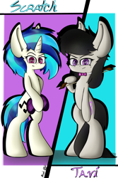 Size: 3000x4500 | Tagged: safe, artist:machstyle, imported from derpibooru, dj pon-3, octavia melody, vinyl scratch, earth pony, unicorn, big ears, bipedal, duo, duo female, female, high res, looking at you, poofy mane, simple background, smiling, smiling at you, standing