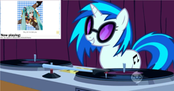 Size: 3544x1852 | Tagged: safe, artist:playbunny, edit, edited screencap, imported from derpibooru, screencap, dj pon-3, vinyl scratch, human, pony, unicorn, season 1, suited for success, disc jockey, dj table, female, hatsune miku, hub logo, hubble, livestream, mare, solo, vocaloid