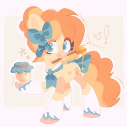 Size: 1500x1500 | Tagged: safe, artist:tsarstvo, imported from derpibooru, oc, oc only, earth pony, pony, bow, female, floating heart, food, hair bow, heart, honey, jar, looking at you, mare, solo