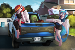 Size: 4000x2667 | Tagged: safe, artist:lightly-san, imported from derpibooru, oc, oc only, oc:diamond sun, oc:hawker hurricane, anthro, pegasus, unguligrade anthro, breasts, car, cleavage, clothes, female, ford, ford f-150, ford raptor, hawkmond, house, leggings, male, mare, one eye closed, pickup truck, shirt, shorts, stallion, tanktop, truck, wings