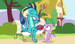 Size: 1260x750 | Tagged: safe, artist:dm29, imported from derpibooru, princess ember, spike, dragon, bench, bloodstone scepter, duo, female, food, ice cream, male, suggestive eating, tree, winged spike, wings