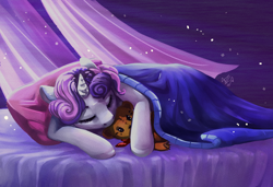 Size: 1900x1300 | Tagged: safe, artist:alina-sherl, imported from derpibooru, sweetie belle, pony, unicorn, bed, blanket, curtains, eyes closed, female, filly, horn, plushie, sleeping, solo, teddy bear