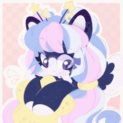 Size: 1500x1500 | Tagged: safe, artist:tsarstvo, imported from derpibooru, oc, oc only, pegasus, pony, abstract background, female, looking away, mare, plushie, solo, star plushie, stars