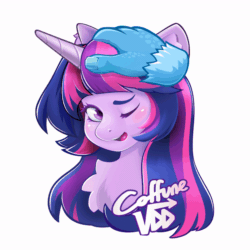 Size: 800x800 | Tagged: safe, artist:coffune, artist:derdenvector, imported from derpibooru, twilight sparkle, pony, animated, blushing, bust, chest fluff, disembodied hand, ear fluff, female, gif, hand, head pat, mare, one eye closed, open mouth, open smile, pat, petting, portrait, simple background, smiling, solo focus, white background