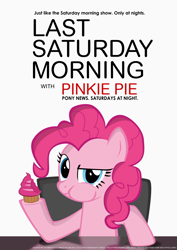 Size: 3307x4677 | Tagged: safe, artist:mrkat7214, imported from derpibooru, pinkie pie, earth pony, pony, chair, cupcake, eating, female, food, high res, hilarious in hindsight, irony, last saturday morning with pinkie pie, last week tonight with john oliver, mare, morning, parody, pony news, poster, saturday, smiling, smirk, solo, table, vector
