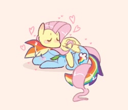Size: 969x834 | Tagged: safe, artist:possumpupper, imported from derpibooru, fluttershy, rainbow dash, pegasus, pony, blushing, cuddling, eyes closed, female, flutterdash, heart, intertwined tails, lesbian, shipping, sleeping, tail