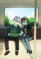 Size: 1783x2560 | Tagged: safe, artist:anticular, imported from derpibooru, oc, oc only, oc:neko, anthro, plantigrade anthro, backpack, cellphone, converse, earbuds, furry, phone, shoes, smiling, train