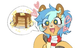 Size: 976x625 | Tagged: safe, artist:chimemaplewood, imported from derpibooru, oc, oc only, oc:chime, deer, deer pony, original species, blushing, butter, clothes, drool, food, heart, looking at you, pancakes, scarf, simple background, solo, starry eyes, striped scarf, syrup, white background, wingding eyes