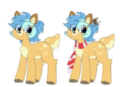 Size: 1015x708 | Tagged: safe, artist:chimemaplewood, imported from derpibooru, oc, oc only, oc:chime, deer, deer pony, original species, chest fluff, clothes, feather in hair, looking at you, scarf, simple background, smiling, solo, striped scarf, white background