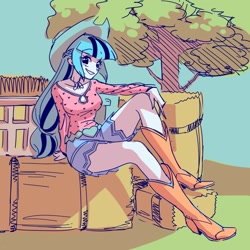 Size: 1000x1000 | Tagged: safe, artist:rileyav, imported from derpibooru, sonata dusk, equestria girls, boots, clothes swap, cowboy hat, hat, hay, hay bale, looking at you, shoes, smiling, solo, tree