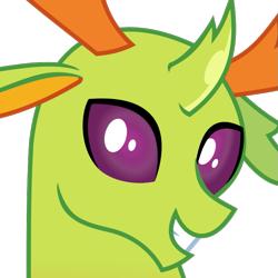 Size: 709x709 | Tagged: safe, artist:lightningbolt, derpibooru exclusive, imported from derpibooru, thorax, changedling, changeling, derpibooru, .svg available, bust, derpibooru badge, grin, horn, king thorax, looking at you, male, meta, simple background, smiling, solo, svg, transparent background, vector