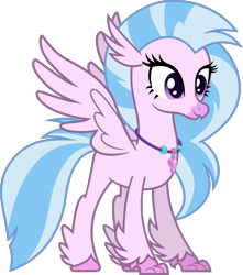 Size: 1397x1580 | Tagged: safe, artist:lightningbolt, derpibooru exclusive, imported from derpibooru, silverstream, classical hippogriff, hippogriff, .svg available, beak, colored pupils, female, fluffy, happy, jewelry, necklace, simple background, smiling, solo, spread wings, standing, svg, talons, transparent background, vector, wings