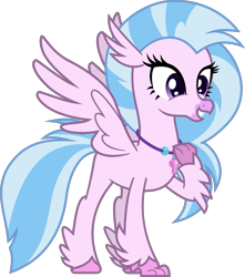 Size: 1397x1580 | Tagged: safe, artist:lightningbolt, derpibooru exclusive, imported from derpibooru, silverstream, classical hippogriff, hippogriff, .svg available, beak, colored pupils, female, fluffy, grin, happy, jewelry, necklace, raised arm, simple background, smiling, solo, spread wings, standing, svg, talons, transparent background, vector, wings