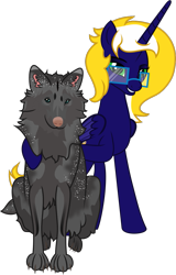 Size: 721x1124 | Tagged: safe, artist:lincolnbrewsterfan, derpibooru exclusive, imported from derpibooru, oc, oc only, oc:time vortex (northerndawn), oc:zima the wolf, alicorn, pony, wolf, .svg available, alicorn oc, coat markings, dog nose, eyebrows, folded wings, front view, fur, glasses, grin, hoof around neck, horn, lidded eyes, looking at you, mane, multicolored eyes, multicolored iris, owned, paws, pet, petting, raised hoof, simple background, sitting, smiling, smiling at you, sparkles, svg, tail, transparent background, vector, wings