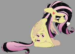 Size: 1216x869 | Tagged: safe, imported from twibooru, fluttershy, pegasus, pony, annoyed, cross-popping veins, cutie mark, dyed mane, emoshy, female, huff, image, makeup, mare, png, running makeup, simple background, solo, tired