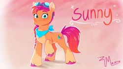 Size: 1920x1080 | Tagged: safe, artist:justinmacklis, imported from derpibooru, sunny starscout, earth pony, pony, bandana, coat markings, colored eartips, colored hooves, g5, goggles, looking at you, my little pony: a new generation, pale belly, smiling, socks (coat markings), solo