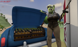 Size: 1148x692 | Tagged: safe, artist:robertwtf, imported from derpibooru, granny smith, anthro, earth pony, 3d, breasts, solo, source filmmaker, vehicle, weapon, young granny smith, younger