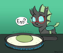 Size: 1554x1330 | Tagged: safe, artist:heretichesh, imported from derpibooru, oc, oc only, oc:yvette (evan555alpha), changeling, changeling oc, egg, female, food, fried egg, frying pan, glasses, gradient background, green changeling, green eggs, onomatopoeia, solo, speech bubble, stove