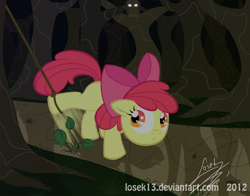 Size: 1300x1021 | Tagged: safe, artist:losek13, imported from derpibooru, apple bloom, bird, earth pony, owl, pony, female, filly, forest, leaves, solo, trap (device)