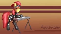 Size: 1920x1080 | Tagged: safe, artist:ookamithewolf1, imported from derpibooru, apple bloom, earth pony, pony, clothes, female, filly, keyboard, show stopper outfits, solo, wallpaper