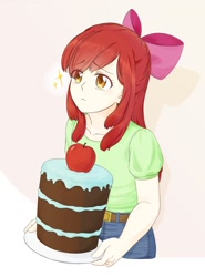 Size: 1000x1348 | Tagged: safe, artist:ruby_redheart_, imported from derpibooru, apple bloom, human, friendship is magic, apple, cake, food, humanized, scene interpretation, solo, sparkles