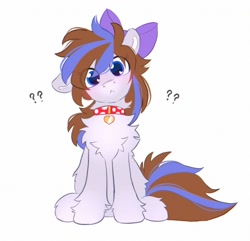 Size: 1755x1693 | Tagged: safe, artist:draw3, imported from derpibooru, oc, oc only, oc:breezy, earth pony, pony, :<, bow, chest fluff, collar, fluffy, hair bow, head tilt, one ear down, question mark, simple background, solo, white background
