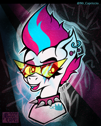 Size: 3000x3750 | Tagged: safe, artist:mrcapriccio, imported from derpibooru, zipp storm, pegasus, pony, abstract background, bust, choker, collar, ear piercing, earring, female, g5, high res, jewelry, makeup, mare, my little pony: a new generation, open mouth, piercing, portrait, punk, smiling, solo, spiked choker, sunglasses, tattoo