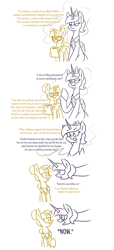 Size: 1873x4119 | Tagged: safe, artist:moonatik, imported from derpibooru, moondancer, nightmare moon, alicorn, pony, unicorn, alternate clothes, alternate hairstyle, alternate timeline, clipboard, clothes, comic, dialogue, female, glasses, hair bun, implied tempest shadow, jewelry, mare, missing accessory, new lunar millennium, nightmare takeover timeline, sketch, starry eyes, suit, tail, tail bun, tiara, wingding eyes