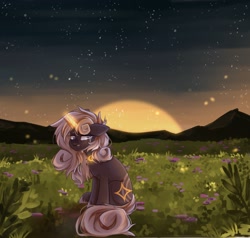 Size: 1434x1368 | Tagged: safe, artist:cheekipone, imported from derpibooru, oc, oc only, oc:navi moonstone, pony, unicorn, crying, meadow, sad, solo, sunset, teary eyes