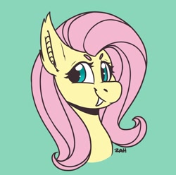 Size: 1802x1789 | Tagged: safe, artist:zahsart, imported from derpibooru, fluttershy, bat pony, pony, bat ponified, bust, fangs, flutterbat, green background, looking at you, portrait, race swap, simple background, smiling, solo