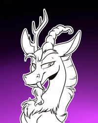 Size: 1440x1798 | Tagged: safe, artist:zahsart, imported from derpibooru, discord, draconequus, antlers, lidded eyes, male, outline, purple background, simple background, smiling, solo, white outline