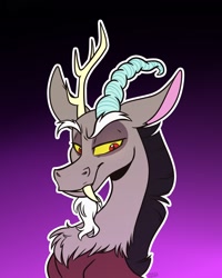 Size: 1440x1798 | Tagged: safe, artist:zahsart, imported from derpibooru, discord, draconequus, antlers, lidded eyes, male, outline, purple background, simple background, smiling, solo, white outline