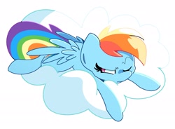 Size: 2529x1859 | Tagged: safe, artist:kindakismet, imported from derpibooru, rainbow dash, pegasus, pony, cloud, frown, lying down, lying on a cloud, on a cloud, one eye closed, simple background, solo, spread wings, white background, wings