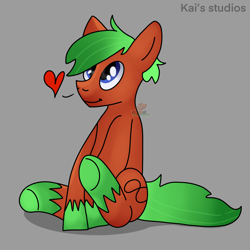 Size: 2000x2000 | Tagged: safe, artist:kaifurry, derpibooru exclusive, imported from derpibooru, oc, oc only, oc:kp, earth pony, pony, floating heart, gradient mane, gray background, heart, high res, lightly watermarked, looking up, male, puppy dog eyes, shadow, simple background, sitting, smiling, solo, stallion, transgender, underhoof, unshorn fetlocks, watermark