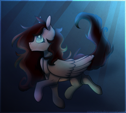 Size: 1900x1700 | Tagged: safe, artist:snowolive, imported from derpibooru, oc, oc only, pegasus, pony, blue background, blue eyes, brown mane, crepuscular rays, feather, female, flowing mane, flowing tail, folded wings, ocean, simple background, solo, sunlight, swimming, tail, underwater, water, wings