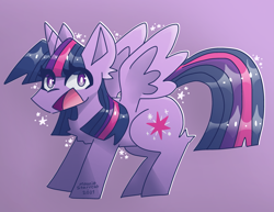 Size: 3657x2828 | Tagged: safe, artist:moonstar-mooniette, imported from derpibooru, twilight sparkle, alicorn, pony, chest fluff, ear fluff, female, high res, leg fluff, mare, open mouth, purple background, simple background, solo, twilight sparkle (alicorn)