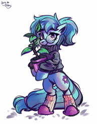 Size: 2316x3000 | Tagged: safe, artist:ami-gami, imported from derpibooru, oc, oc only, oc:whispy slippers, earth pony, pony, bipedal, clothes, female, glasses, high res, looking at you, mare, potted plant, simple background, slippers, socks, solo, sweater, tree, white background