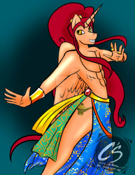 Size: 1024x1326 | Tagged: safe, alternate version, artist:adhiguna, artist:johnathon-matthews, imported from derpibooru, oc, oc:khunis jirall, alicorn, anthro, genie, genie pony, belly dancer, belly dancer outfit, birthday gift, deviantart watermark, grin, obtrusive watermark, smiling, watermark