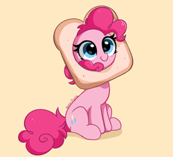 Size: 4854x4403 | Tagged: safe, artist:kittyrosie, imported from derpibooru, pinkie pie, earth pony, pony, absurd resolution, behaving like a cat, blushing, bread, cat breading, cute, diapinkes, female, food, mare, simple background, sitting, smiling, solo, tan background, weapons-grade cute, wide eyes