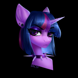 Size: 1500x1500 | Tagged: safe, artist:dacsy, imported from derpibooru, twilight sparkle, pony, unicorn, black background, bust, collaboration, collaboration:too many twilight, collar, ear piercing, looking at you, piercing, portrait, simple background, solo, spiked collar